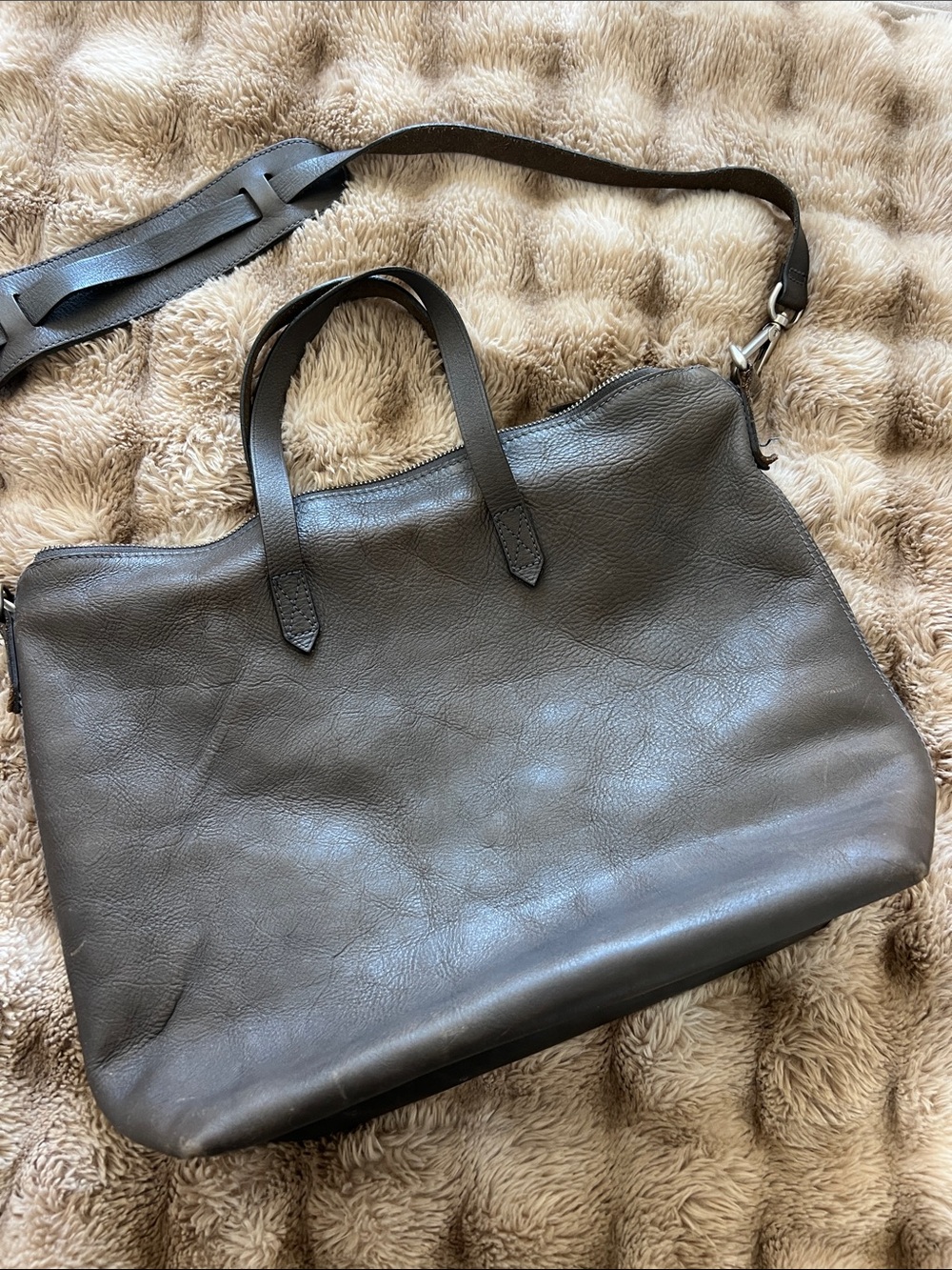 Madewell Gray Leather Laptop Tote with Detachable Strap